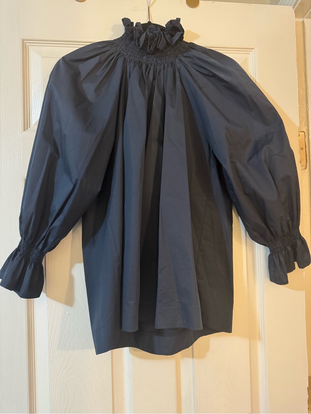 MONICA NERA Navy Smocked Ruffle Neck Puff Sleeve Blouse